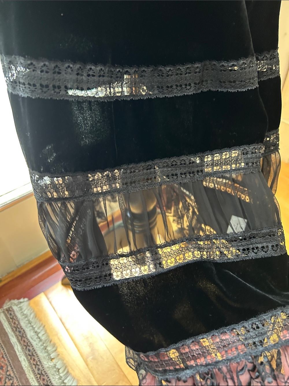 Black Velvet Lace-Trim Midi Skirt - Picture 3 of 8